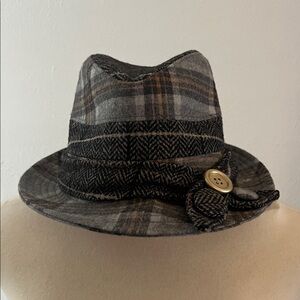 Plaid Fedora Hat with Button Detail